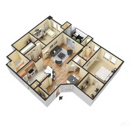Floor plan for 2 beds, 2 baths, 1227 sqft
